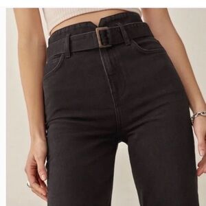 Reformation Cynthia Belted High Rise Straight Black Jeans